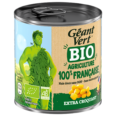 Boîte de maïs extra croquant Géant Vert, bio et 100% française, sans OGM ni sucres ajoutés. Agriculture durable.
