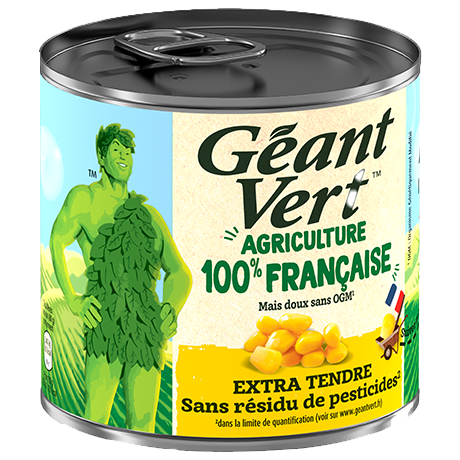 Géant Vert, conserve de maïs extra tendre, certifiée 100% française, sans résidus de pesticides, agriculture responsable.