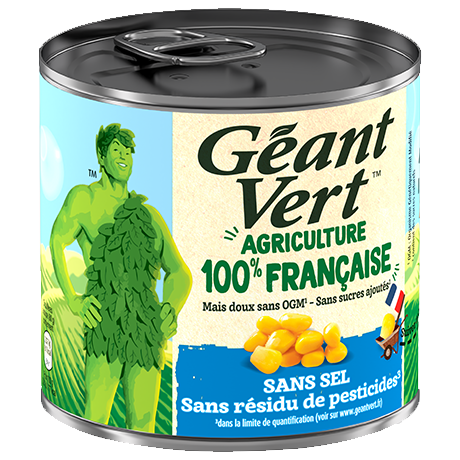 Boîte de maïs Géant Vert avec texte français soulignant l'absence de résidus de sel et de pesticides.