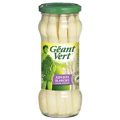 Pot en verre contenant des asperges blanches de la marque Géant Vert, avec une étiquette informative et un couvercle.