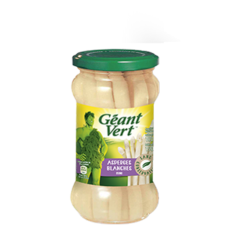 Bocal d'asperges blanches Géant Vert avec couvercle vert et étiquette jaune.