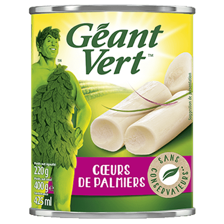 Boîte de cœurs de palmiers Géant Vert, 220 g, sans conservateurs, avec une illustration de produit sur l'étiquette.