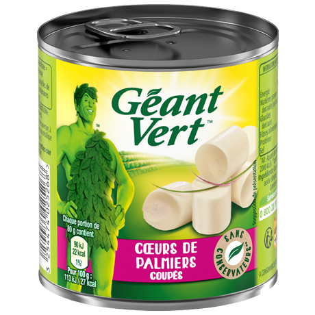 Boîte de cœurs de palmier tranchés Géant Vert avec une mascotte verte sur l'étiquette.