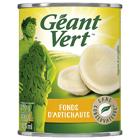 Boîte de fonds d'artichauts Géant Vert avec le logo et des suggestions de préparation sur l'étiquette. Volume de 425 ml.