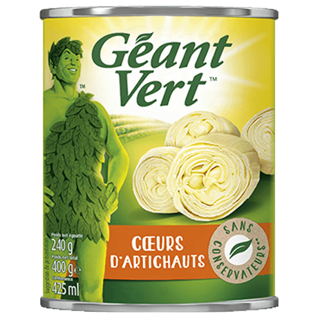 Boîte de coeurs d'artichauts de la marque Géant Vert, sans conservateurs, avec des informations nutritionnelles.
