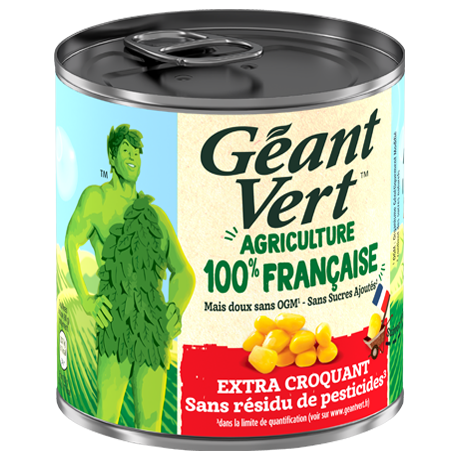 Conserve Géant Vert présentant le logo 100% Française, mettant en avant le maïs doux sans OGM ni sucres ajoutés.