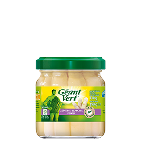 Bocal de légumes GÉANT VERT contenant des asperges blanches marinées, 150 g, avec image d'un homme en arrière-plan.